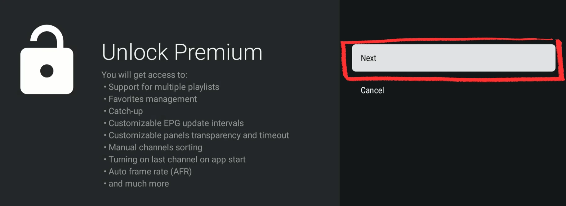 TiviMate Settings menu on Fire Stick showing Account and Unlock Premium options
