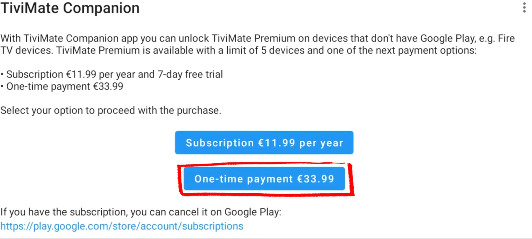 TiviMate Companion plan selection on Android — Annual $9.99/year or Lifetime $33.99 one-time payment