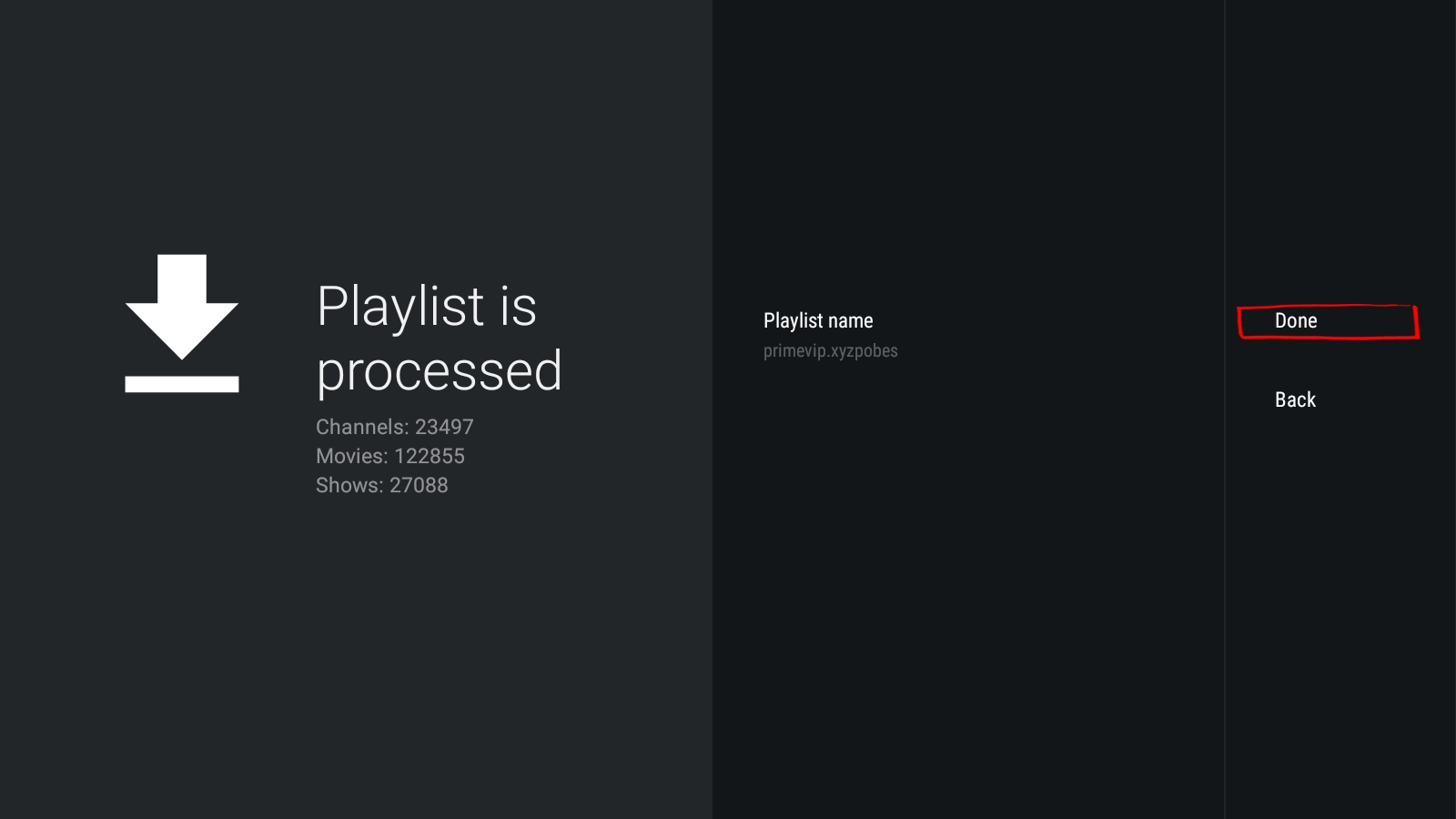TiviMate playlist processed on Android phone showing channels loaded — tap Done to finish setup