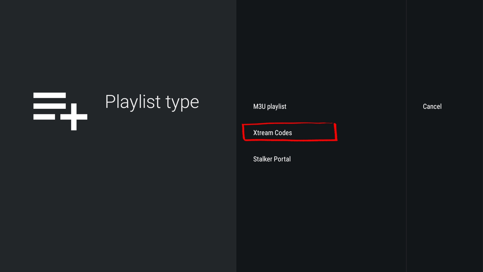 Select Xtream Codes in TiviMate playlist type screen on Android phone