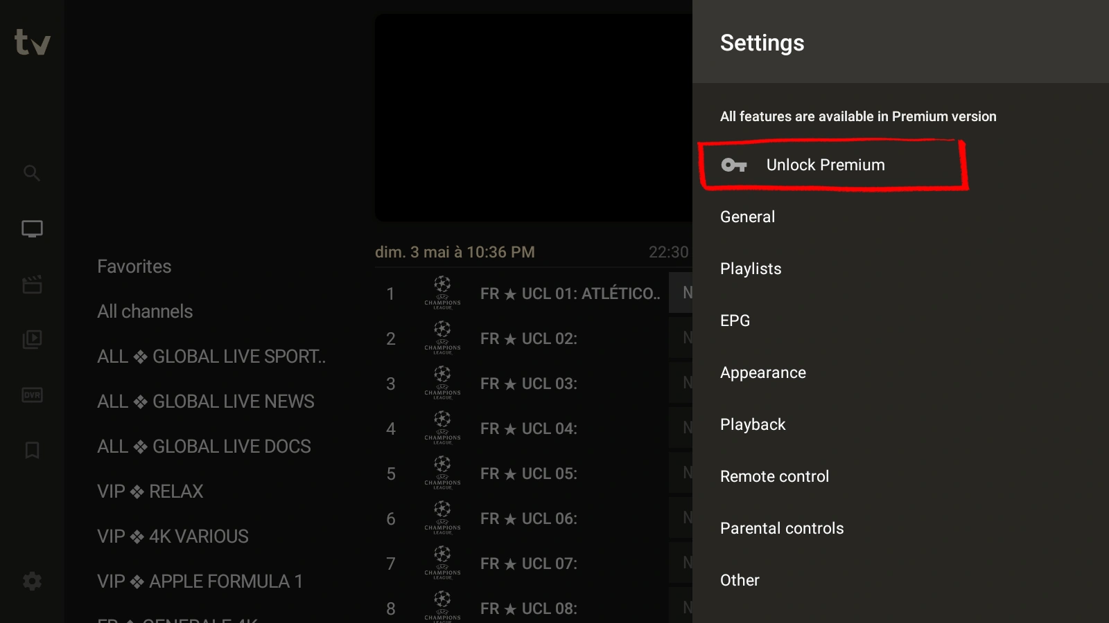 TiviMate Settings on Android phone — tap Unlock Premium to open the activation flow