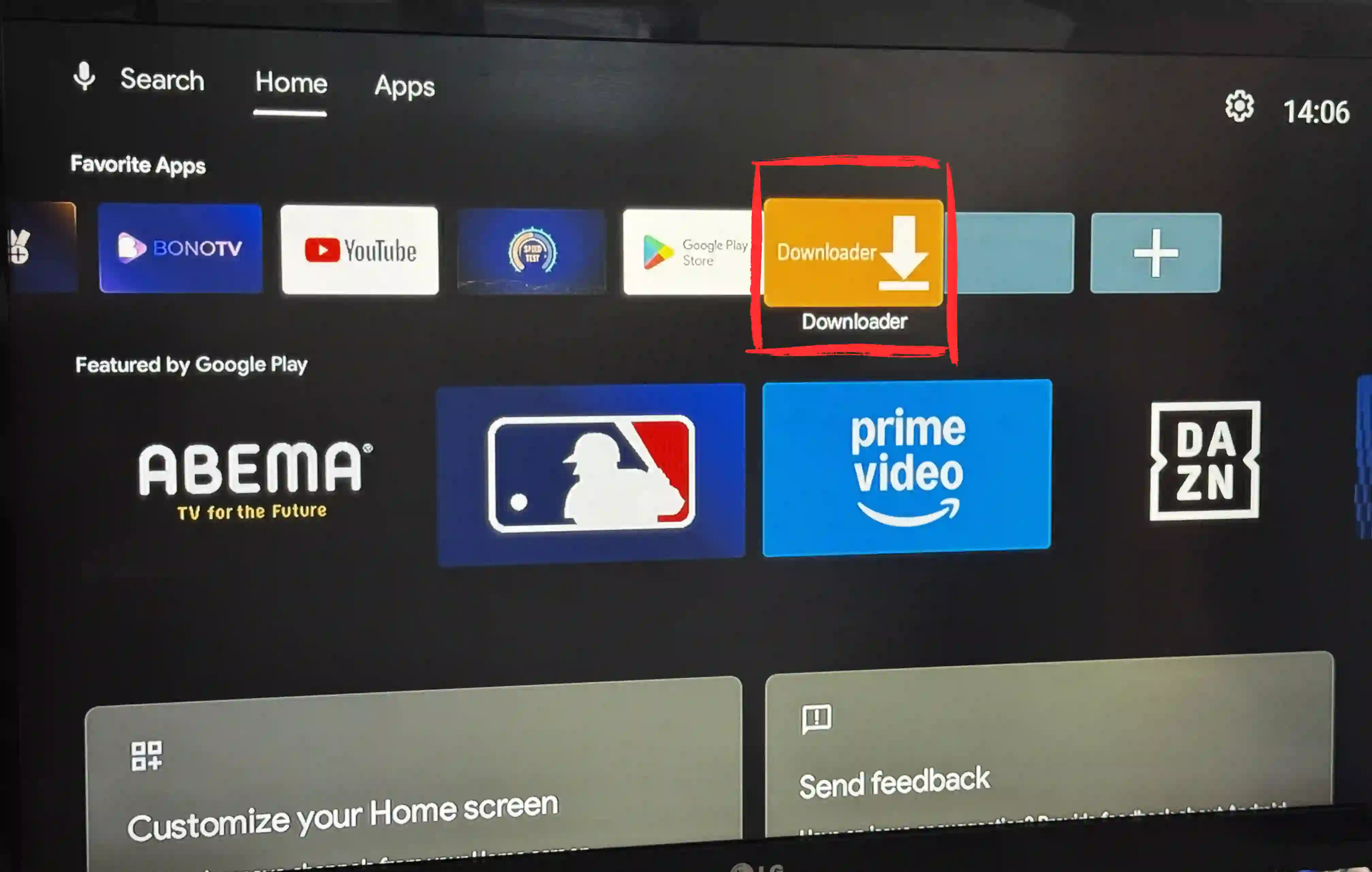 Downloader app installed on Android TV Box home screen in Favorite Apps ready to sideload TiviMate