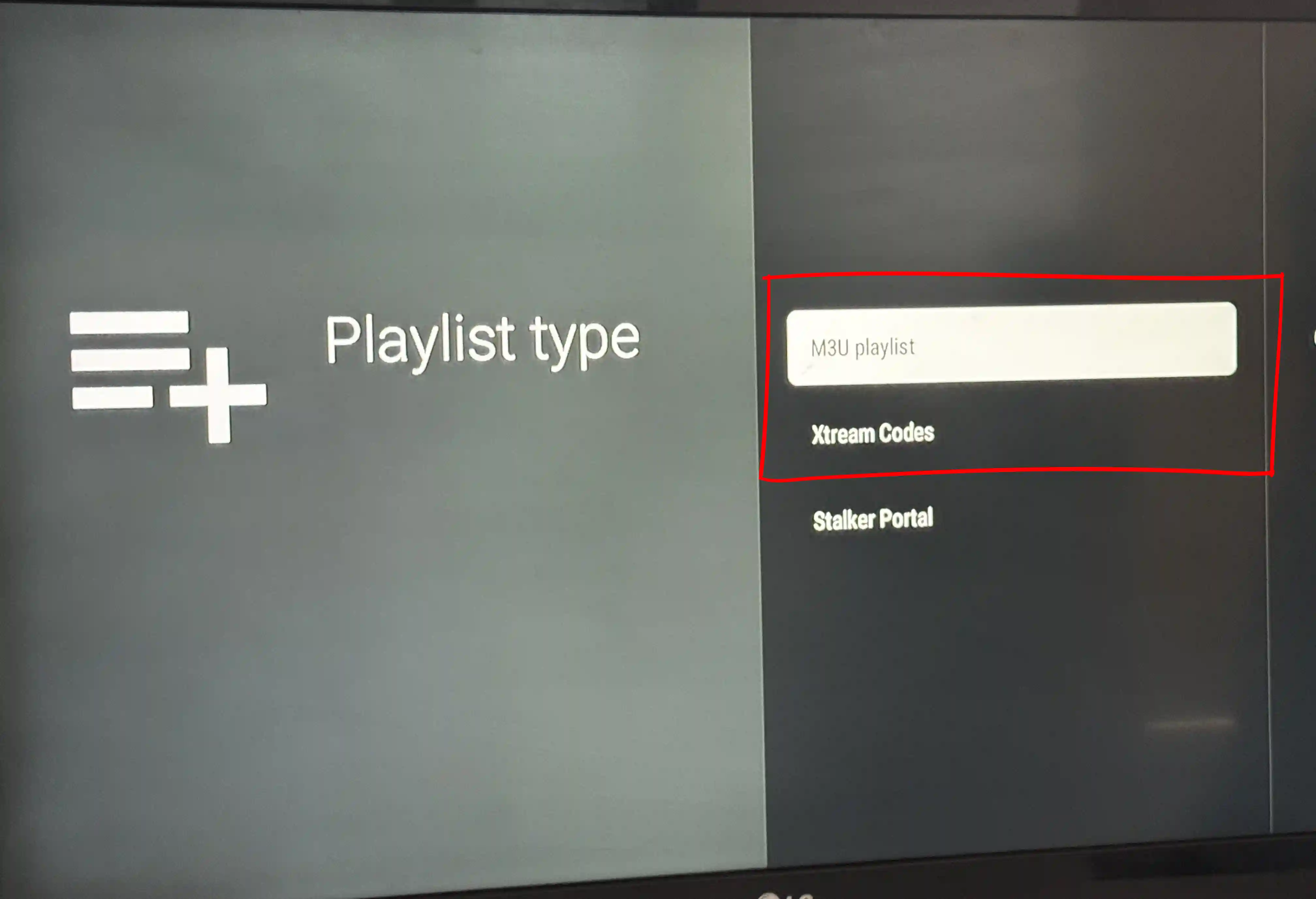 TiviMate playlist type selection on Android TV Box — choose Xtream Codes, M3U or Stalker Portal
