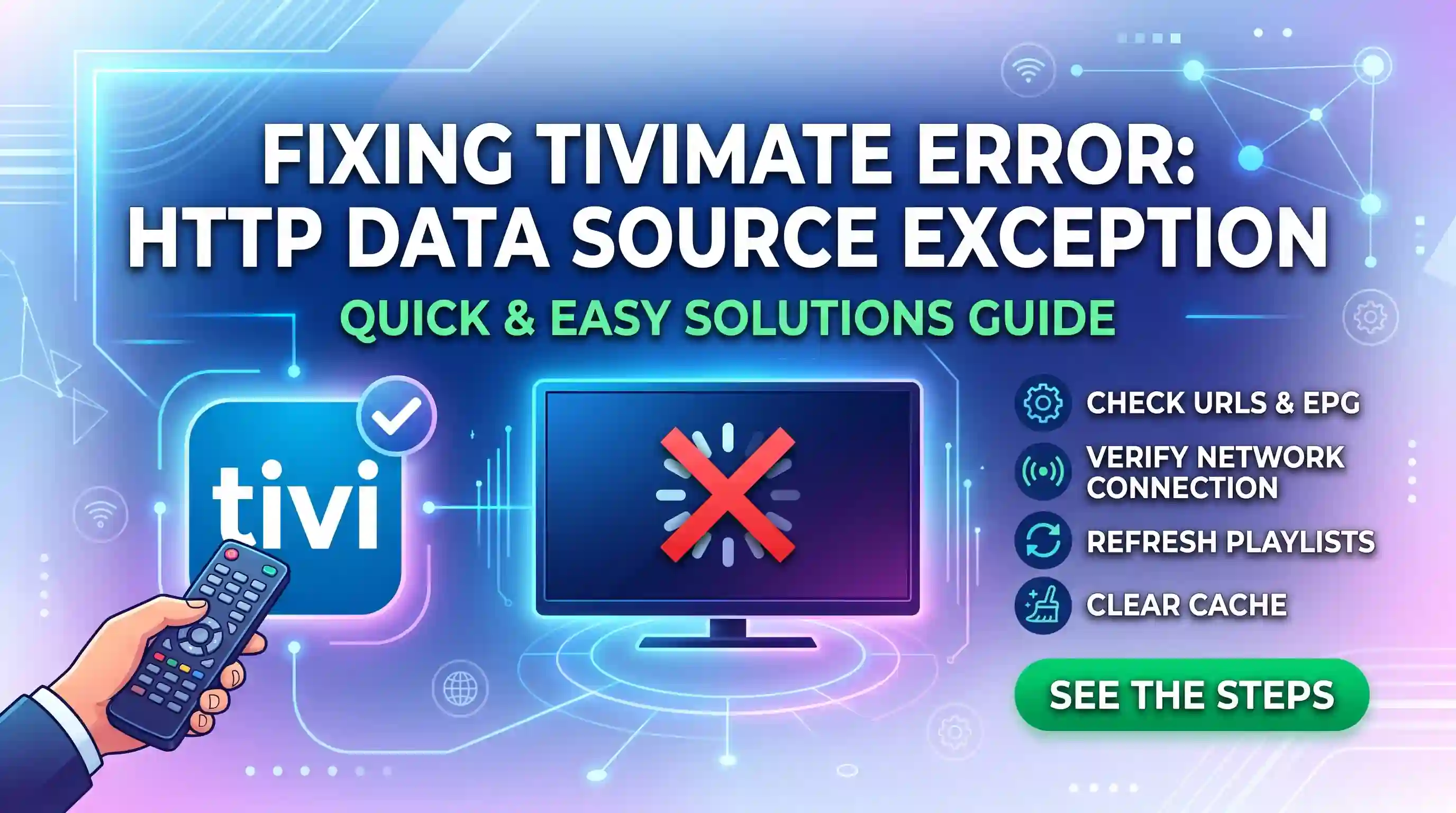 TiviMate HttpDataSourceException — 6 Fixes That Work in 2026 TiviMate HttpDataSourceException error fix guide 2026 — expired subscription, server URL change, ISP throttling and cache fixes